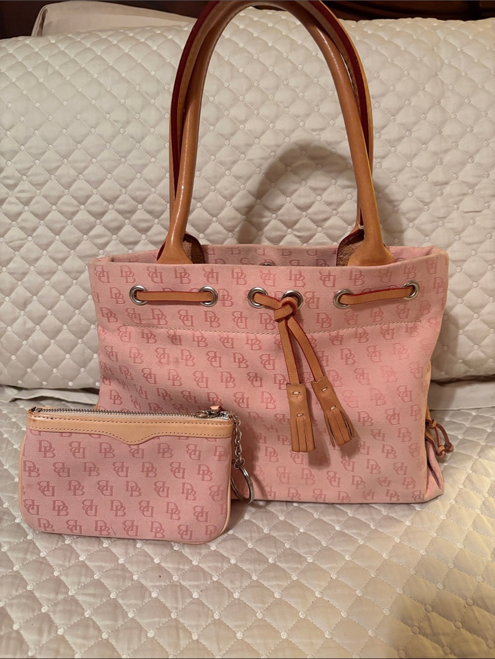 Dooney & Bourke Pink Tote with Tan Leather Handles and Pouch